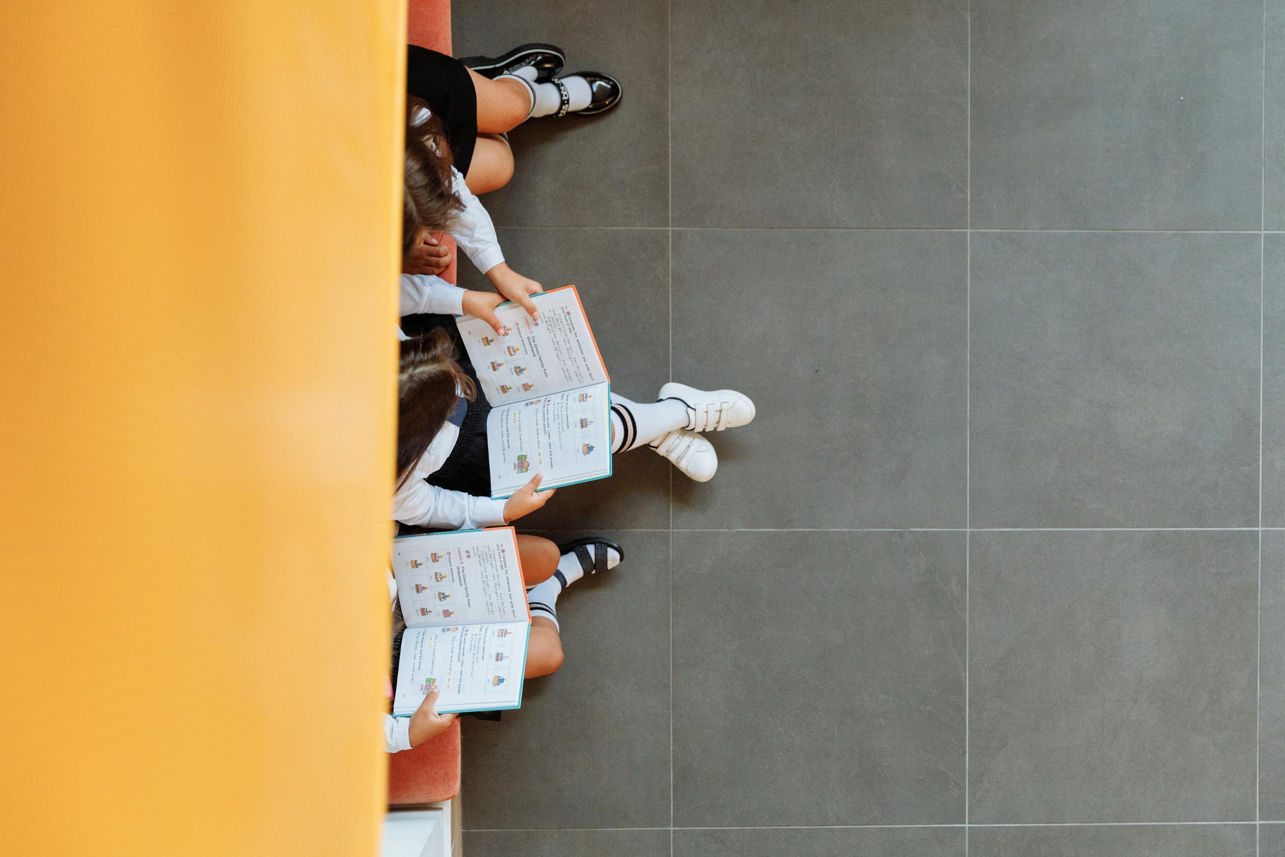 Children reading books on a school bench, viewed from above. Ideal for educational themes.